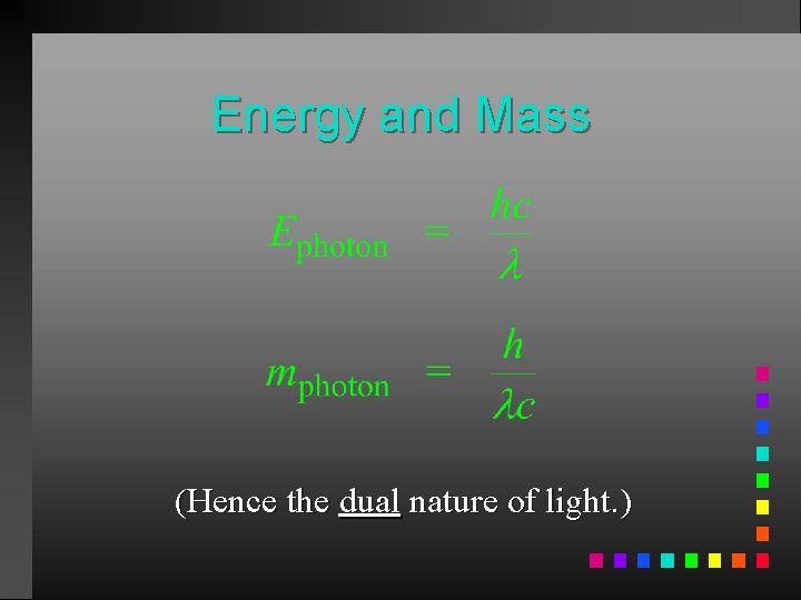 Energy and Mass (Hence the dual nature of light. ) 