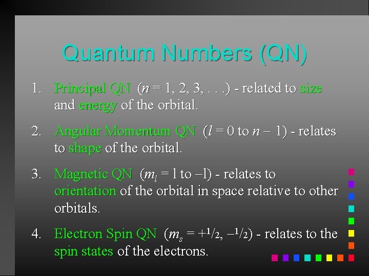 Quantum Numbers (QN) 1. Principal QN (n = 1, 2, 3, . . .
