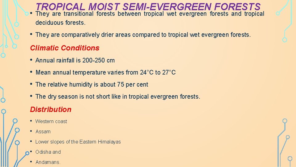  • • TROPICAL MOIST SEMI-EVERGREEN FORESTS They are transitional forests between tropical wet