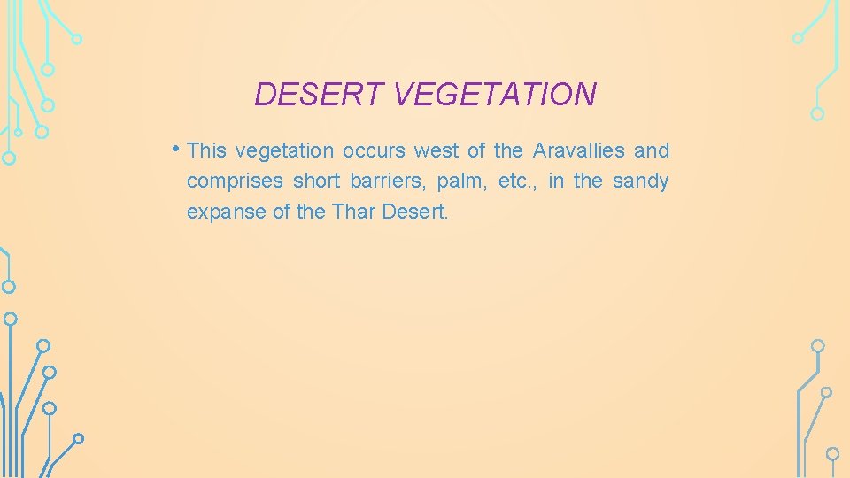 DESERT VEGETATION • This vegetation occurs west of the Aravallies and comprises short barriers,