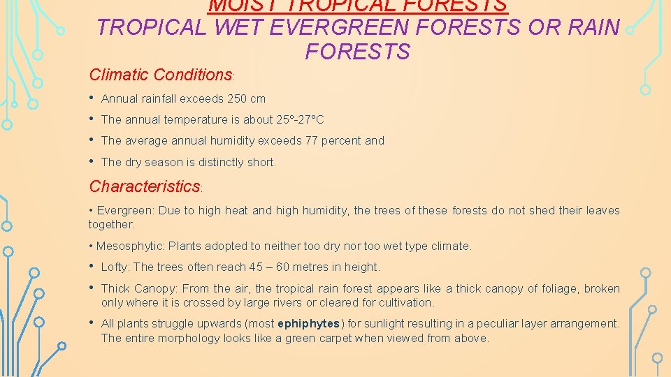 MOIST TROPICAL FORESTS TROPICAL WET EVERGREEN FORESTS OR RAIN FORESTS Climatic Conditions: • •