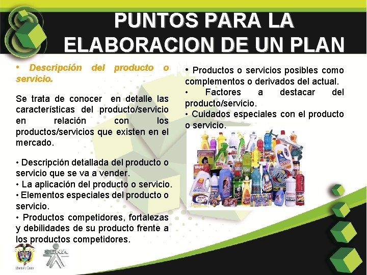 PUNTOS PARA LA ELABORACION DE UN PLAN • Descripción del producto o • Productos