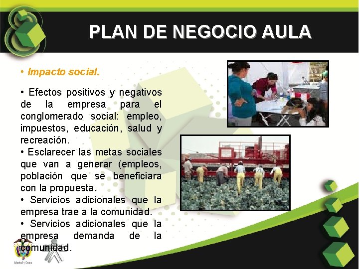 PLAN DE NEGOCIO AULA • Impacto social. • Efectos positivos y negativos de la