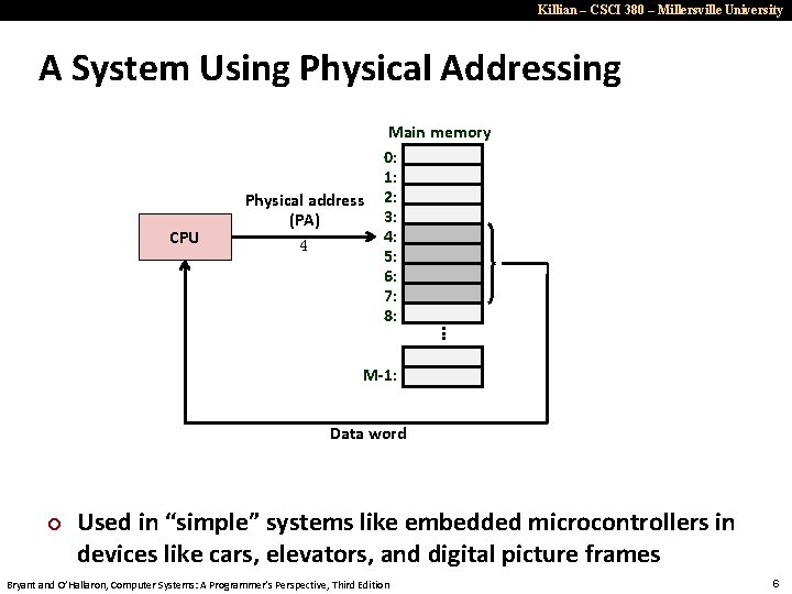 Killian – CSCI 380 – Millersville University A System Using Physical Addressing CPU Physical
