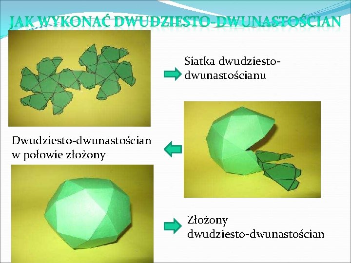 Siatka dwudziestodwunastościanu Dwudziesto-dwunastościan w połowie złożony Złożony dwudziesto-dwunastościan 