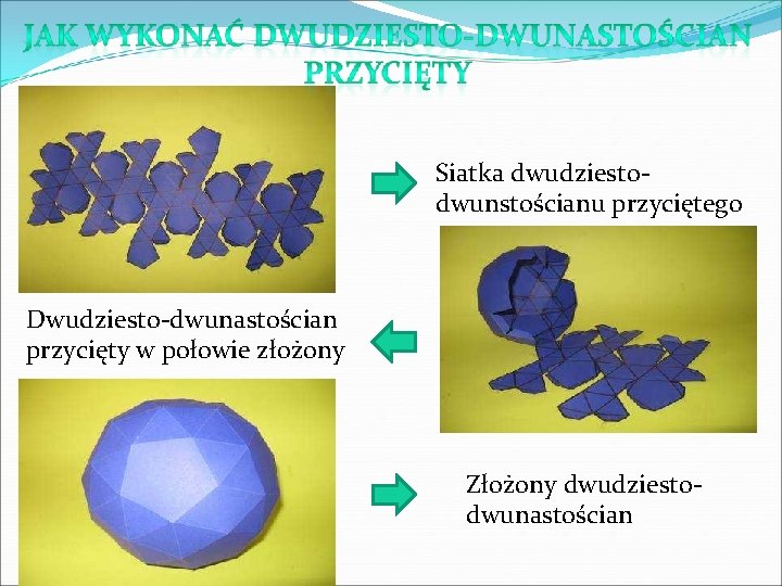 Siatka dwudziestodwunstościanu przyciętego Dwudziesto-dwunastościan przycięty w połowie złożony Złożony dwudziestodwunastościan 