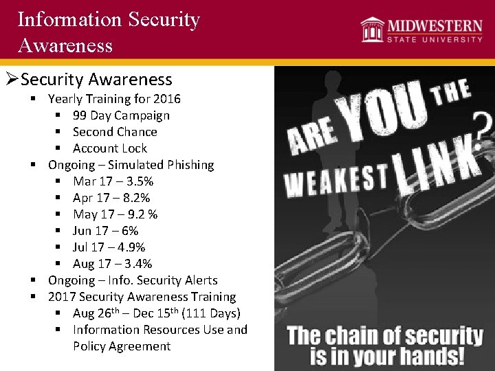 Information Security Awareness ØSecurity Awareness § Yearly Training for 2016 § 99 Day Campaign