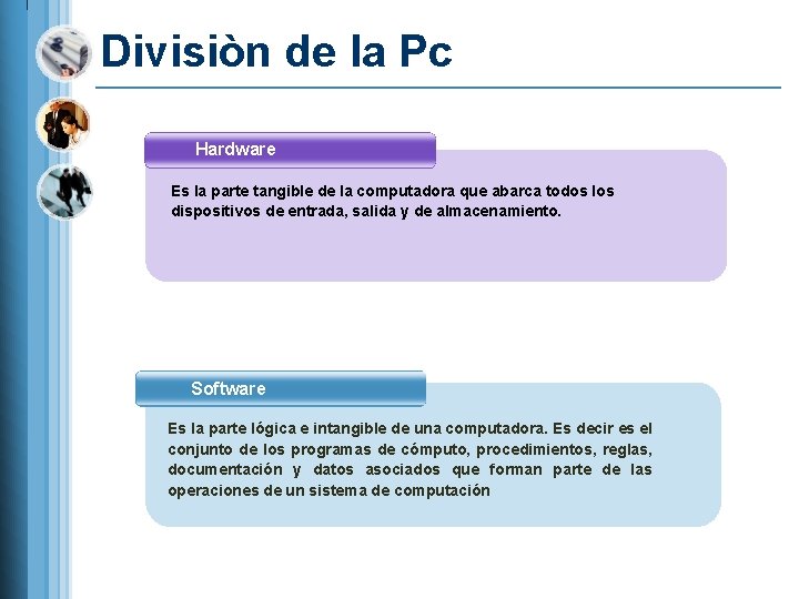 Divisiòn de la Pc Hardware Es la parte tangible de la computadora que abarca