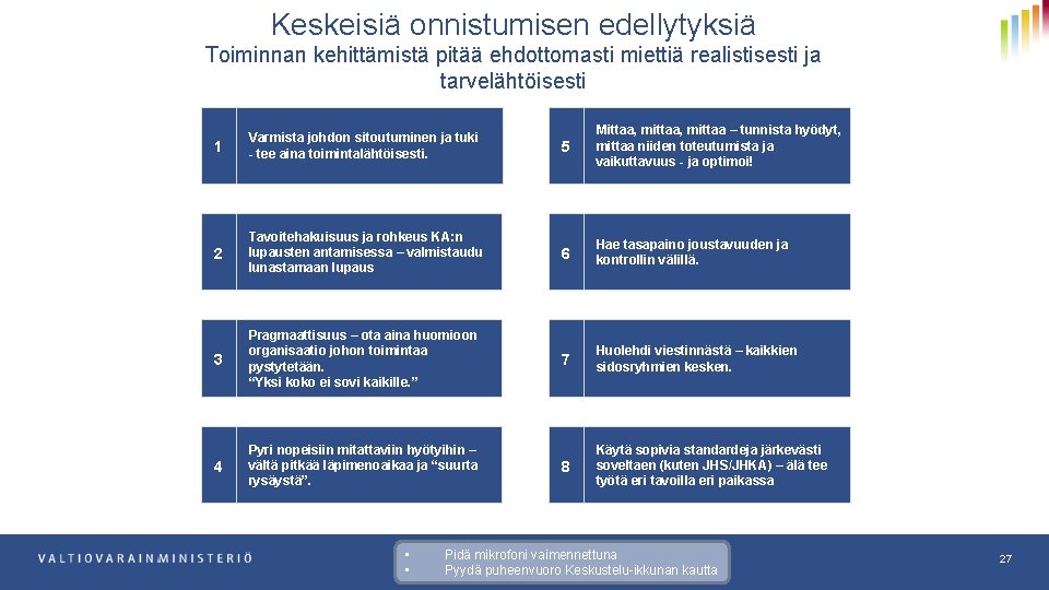 Keskeisiä onnistumisen edellytyksiä Toiminnan kehittämistä pitää ehdottomasti miettiä realistisesti ja tarvelähtöisesti 1 Varmista johdon