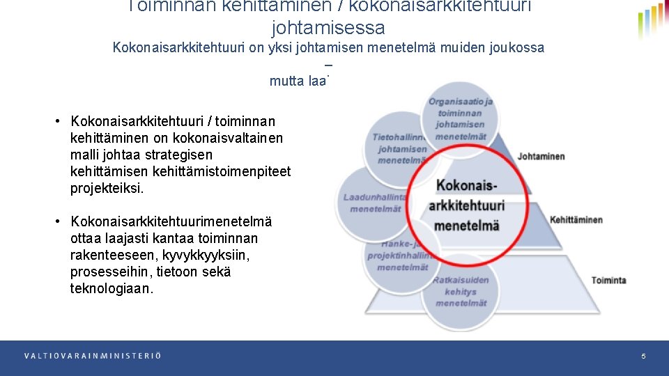 Toiminnan kehittäminen / kokonaisarkkitehtuuri johtamisessa Kokonaisarkkitehtuuri on yksi johtamisen menetelmä muiden joukossa – mutta