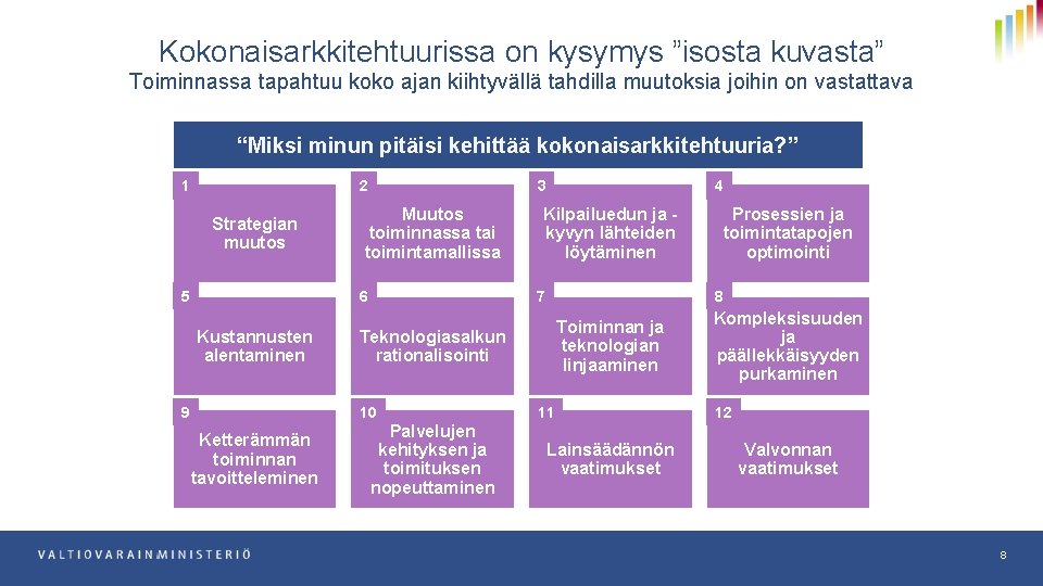 Kokonaisarkkitehtuurissa on kysymys ”isosta kuvasta” Toiminnassa tapahtuu koko ajan kiihtyvällä tahdilla muutoksia joihin on