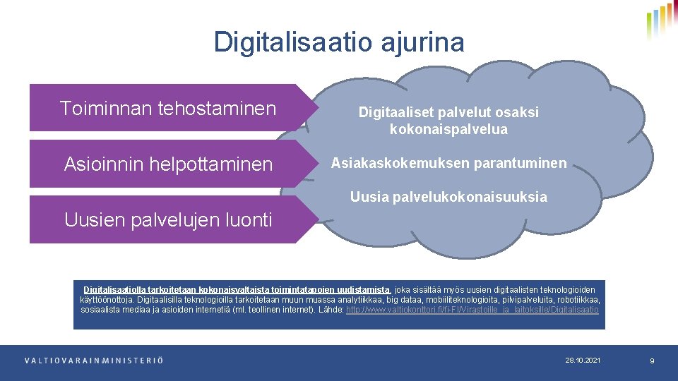 Digitalisaatio ajurina Toiminnan tehostaminen Asioinnin helpottaminen Digitaaliset palvelut osaksi kokonaispalvelua Asiakaskokemuksen parantuminen Uusia palvelukokonaisuuksia