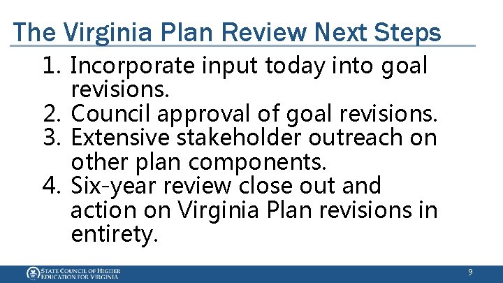 The Virginia Plan Review Next Steps 1. Incorporate input today into goal revisions. 2.