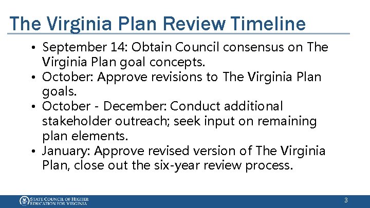 The Virginia Plan Review Timeline • September 14: Obtain Council consensus on The Virginia