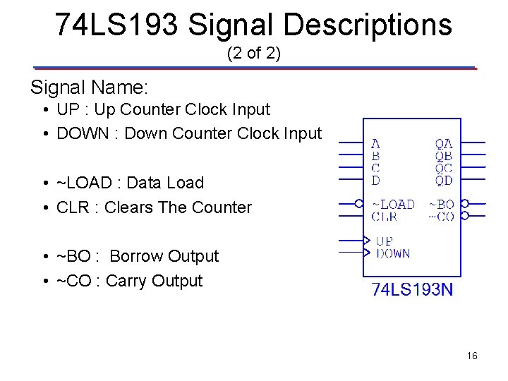 74 LS 193 Signal Descriptions (2 of 2) Signal Name: • UP : Up