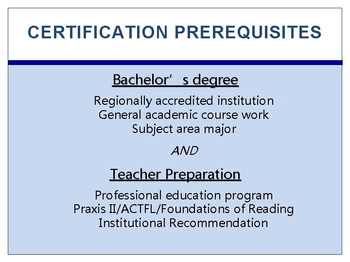 CERTIFICATION PREREQUISITES Bachelor’s degree Regionally accredited institution General academic course work Subject area major