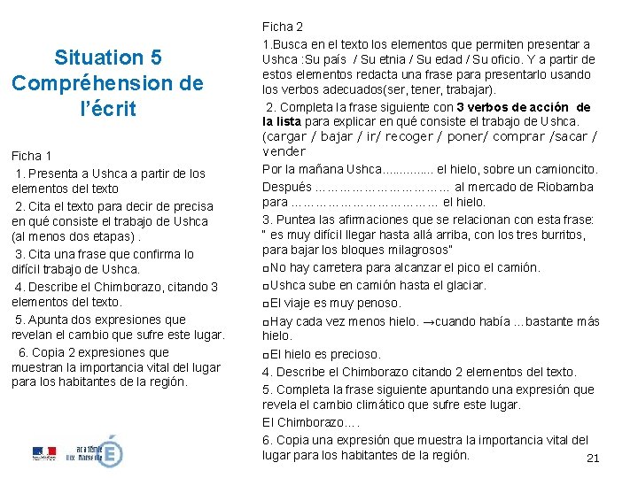 Situation 5 Compréhension de l’écrit Ficha 1 1. Presenta a Ushca a partir de