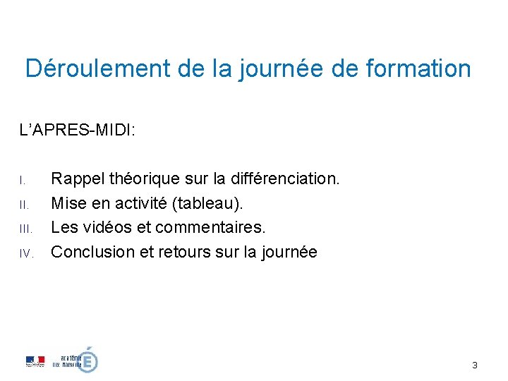 Déroulement de la journée de formation L’APRES-MIDI: I. III. IV. Rappel théorique sur la