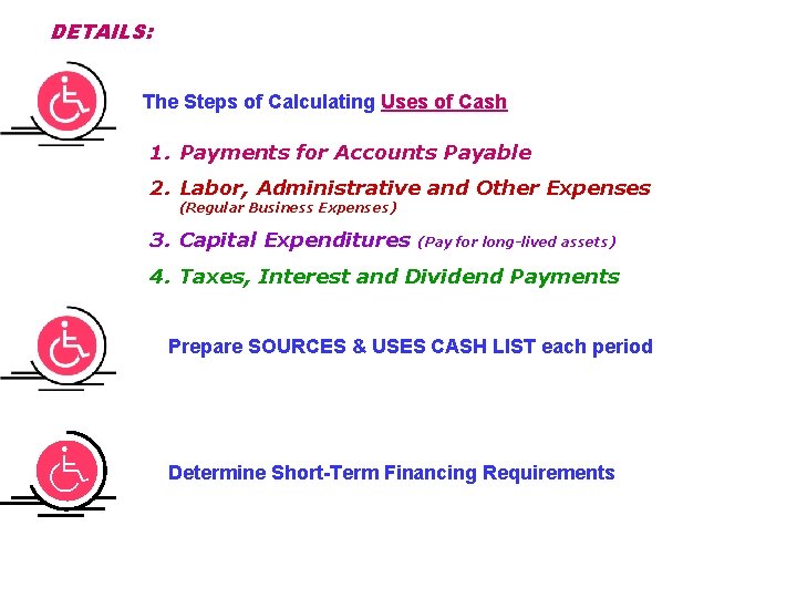 DETAILS: The Steps of Calculating Uses of Cash 1. Payments for Accounts Payable 2.