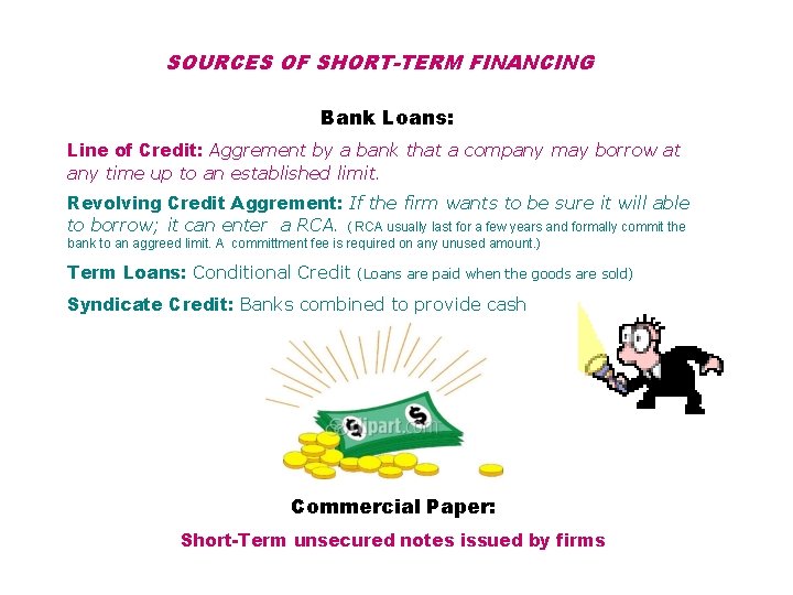 SOURCES OF SHORT-TERM FINANCING Bank Loans: Line of Credit: Aggrement by a bank that