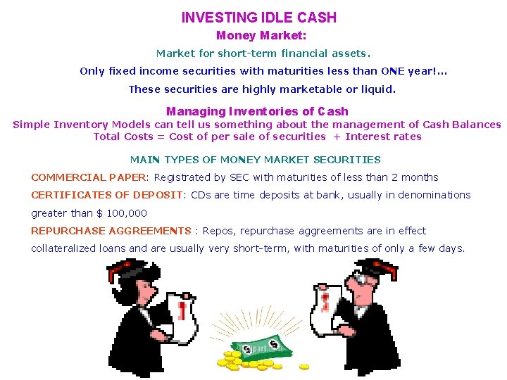 INVESTING IDLE CASH Money Market: Market for short-term financial assets. Only fixed income securities