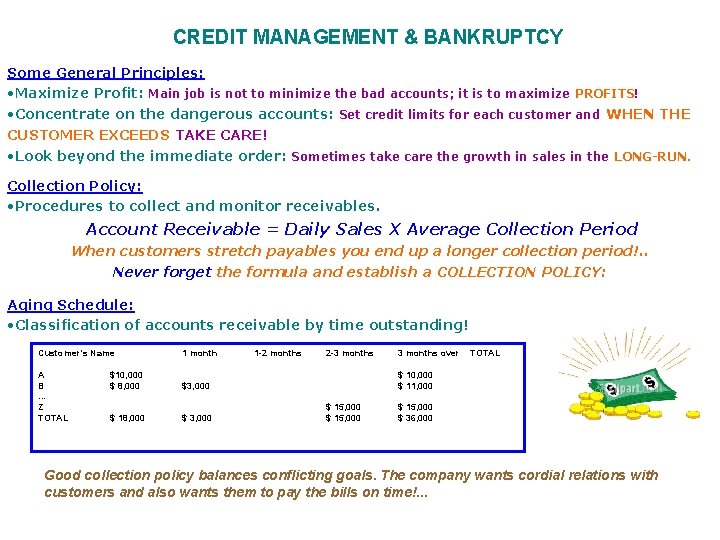 CREDIT MANAGEMENT & BANKRUPTCY Some General Principles: • Maximize Profit: Main job is not