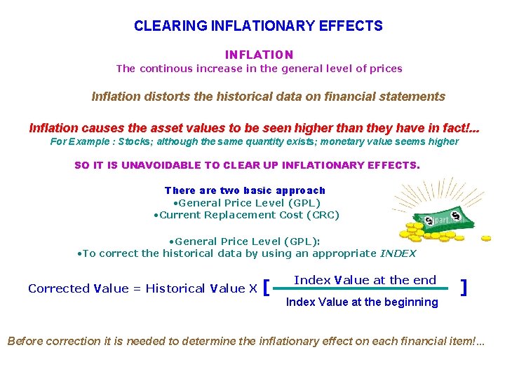 CLEARING INFLATIONARY EFFECTS INFLATION The continous increase in the general level of prices Inflation