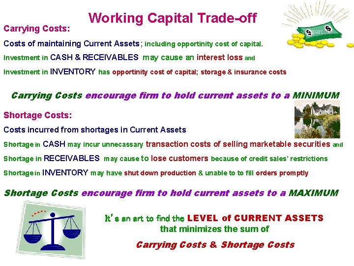 Carrying Costs: Working Capital Trade-off Costs of maintaining Current Assets; including opportinity cost of