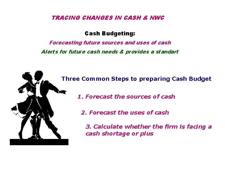 TRACING CHANGES IN CASH & NWC Cash Budgeting: Forecasting future sources and uses of