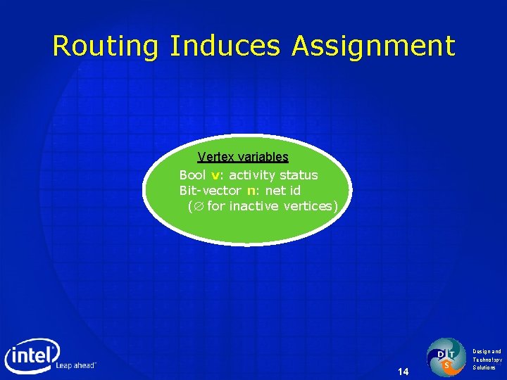 Routing Induces Assignment Vertex variables Bool v: activity status Bit-vector n: net id (