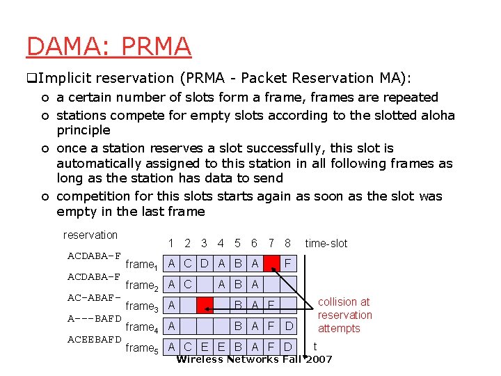 DAMA: PRMA q. Implicit reservation (PRMA - Packet Reservation MA): o a certain number