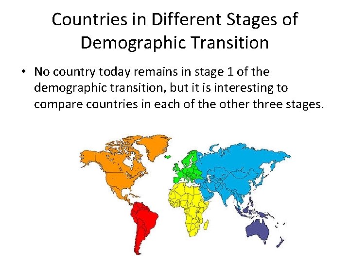 Countries in Different Stages of Demographic Transition • No country today remains in stage