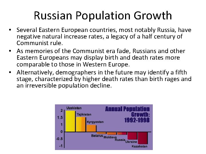Russian Population Growth • Several Eastern European countries, most notably Russia, have negative natural