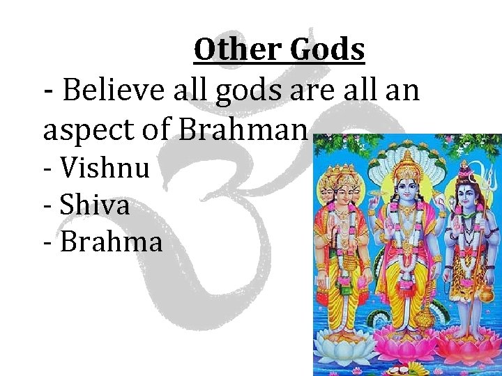 Other Gods - Believe all gods are all an aspect of Brahman - Vishnu