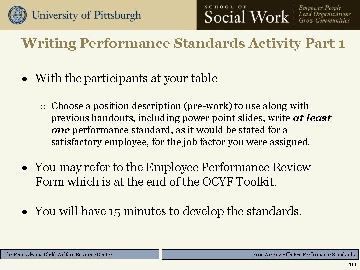 Develop Performance Standards 501 Writing Effective Performance Standards Learning Objectives ...