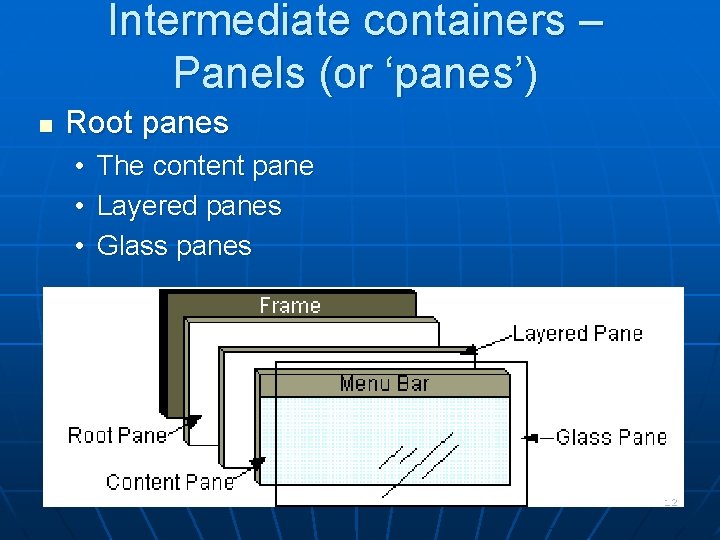 Intermediate containers – Panels (or ‘panes’) n Root panes • • • The content