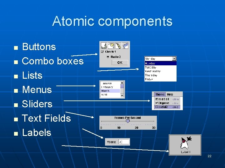 Atomic components n n n n Buttons Combo boxes Lists Menus Sliders Text Fields