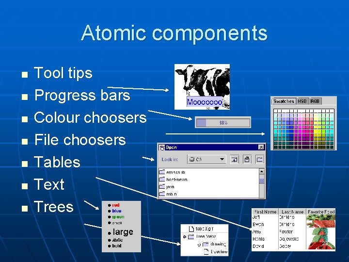 Atomic components n n n n Tool tips Progress bars Colour choosers File choosers