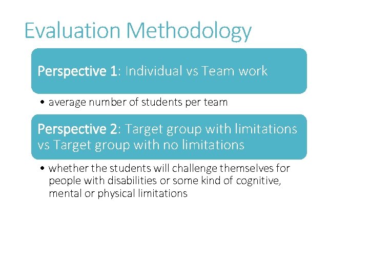Evaluation Methodology Perspective 1: Individual vs Team work • average number of students per