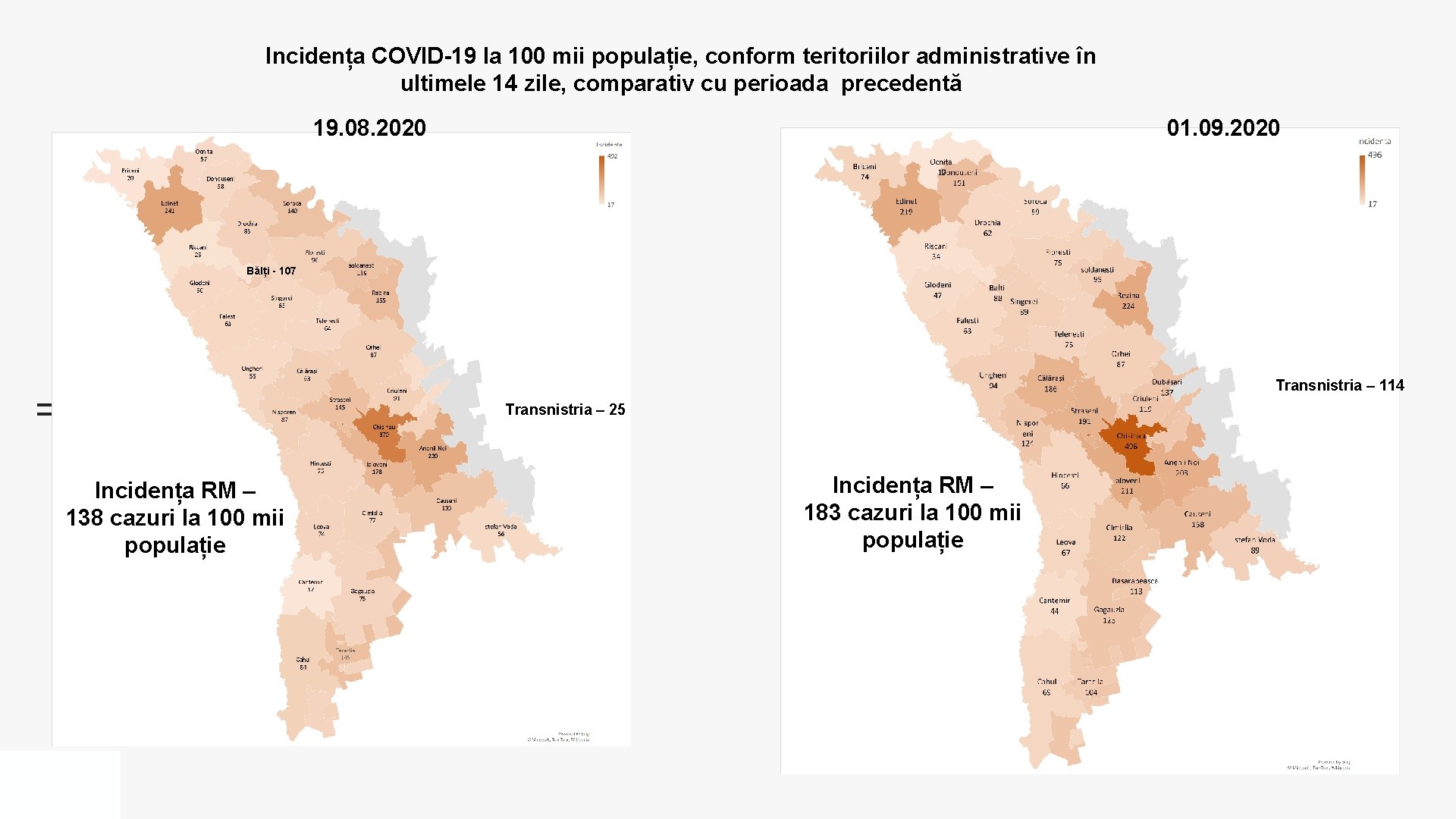 Incidența COVID-19 la 100 mii populație, conform teritoriilor administrative în ultimele 14 zile, comparativ
