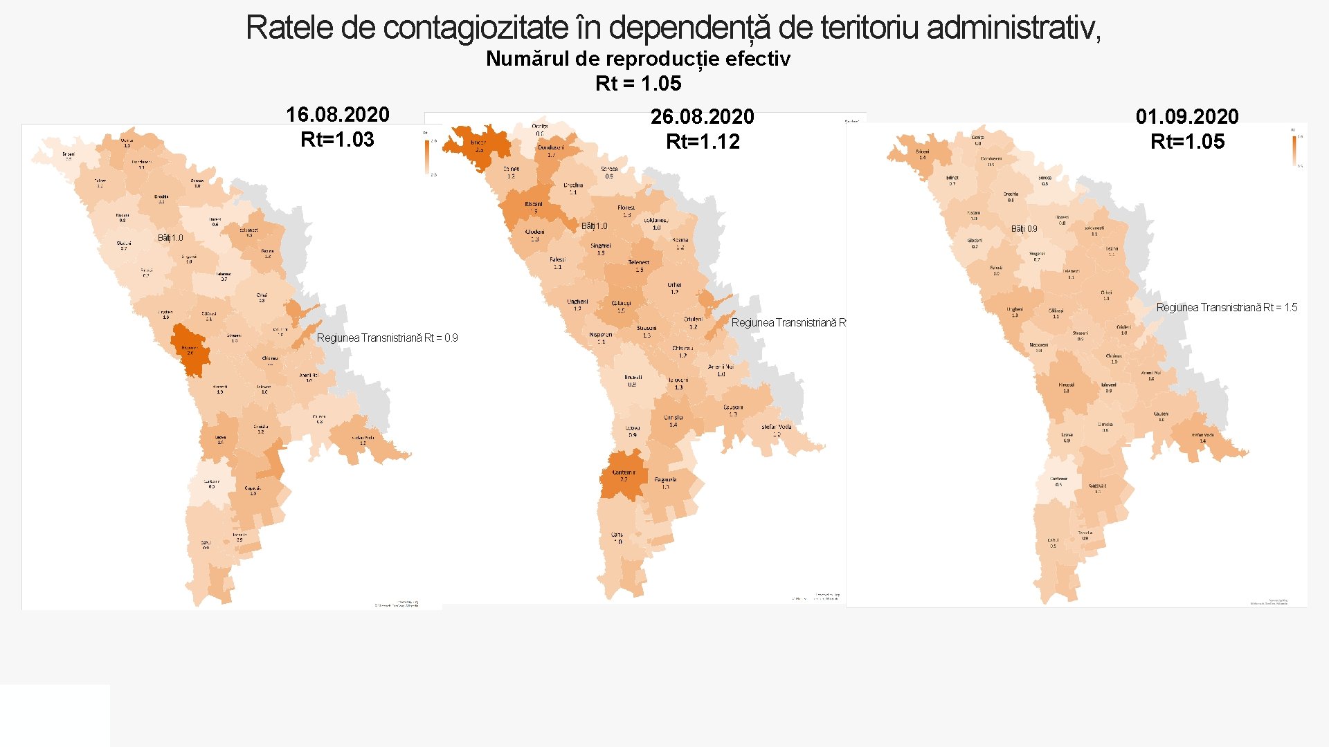 Ratele de contagiozitate în dependență de teritoriu administrativ, Numărul de reproducție efectiv Rt =