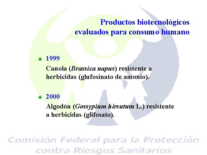 Productos biotecnológicos evaluados para consumo humano ♣ 1999 Canola (Brassica napus) resistente a herbicidas