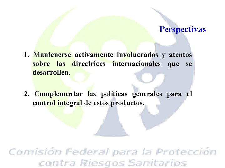 Perspectivas 1. Mantenerse activamente involucrados y atentos sobre las directrices internacionales que se desarrollen.