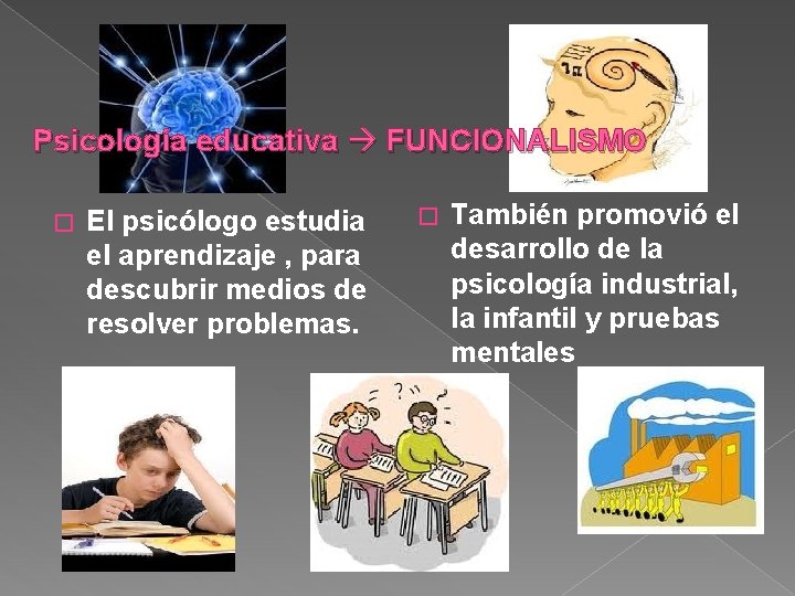 Psicología educativa FUNCIONALISMO � El psicólogo estudia el aprendizaje , para descubrir medios de