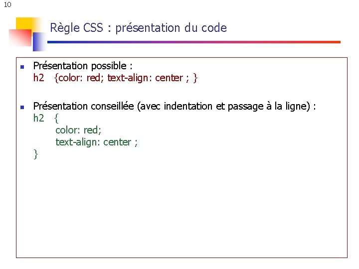 10 Règle CSS : présentation du code n n Présentation possible : h 2 10 Règle CSS : présentation du code n n Présentation possible : h 2