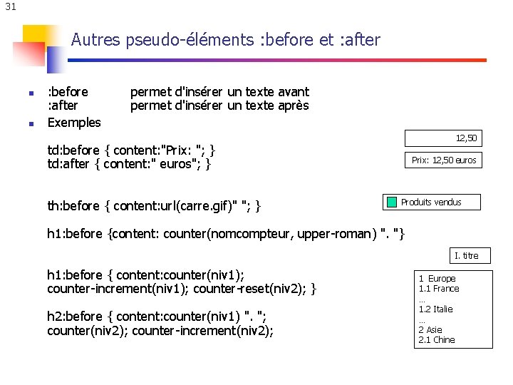 31 Autres pseudo-éléments : before et : after n n : before : after 31 Autres pseudo-éléments : before et : after n n : before : after