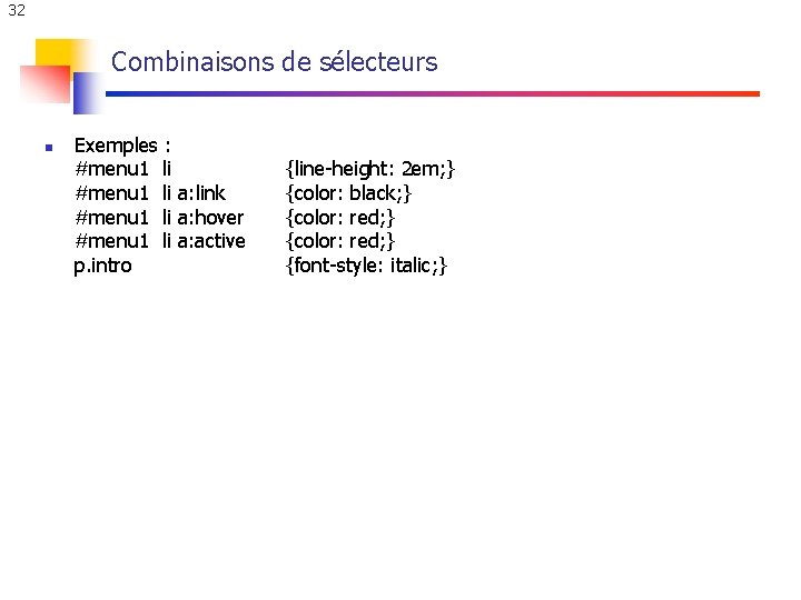 32 Combinaisons de sélecteurs n Exemples : #menu 1 li a: link #menu 1 32 Combinaisons de sélecteurs n Exemples : #menu 1 li a: link #menu 1