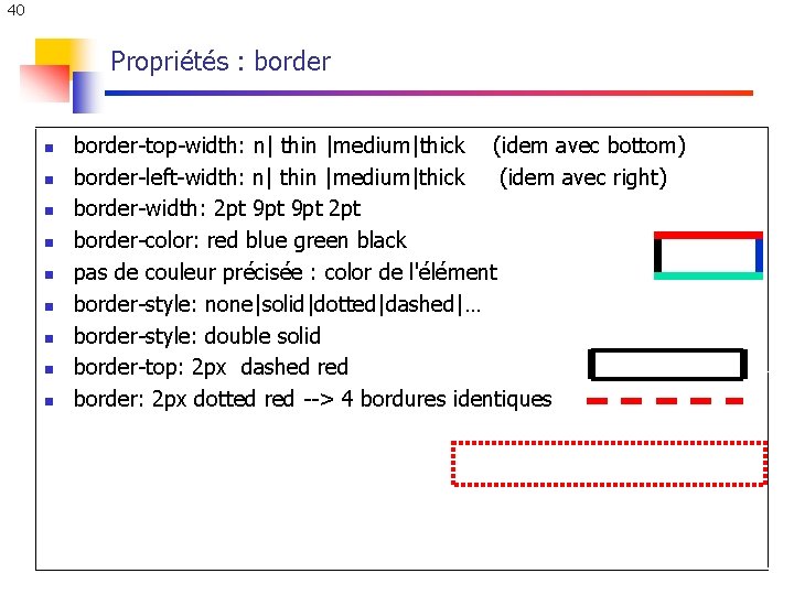 40 Propriétés : border n n n n n border-top-width: n| thin |medium|thick (idem 40 Propriétés : border n n n n n border-top-width: n| thin |medium|thick (idem