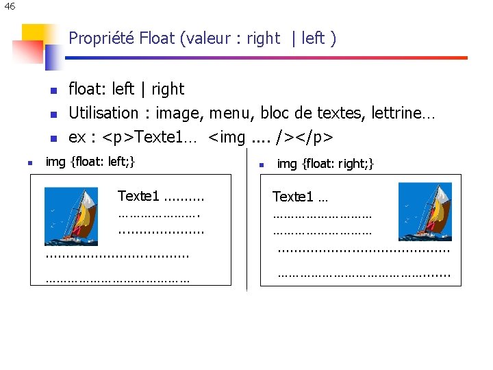 46 Propriété Float (valeur : right | left ) n n float: left | 46 Propriété Float (valeur : right | left ) n n float: left |
