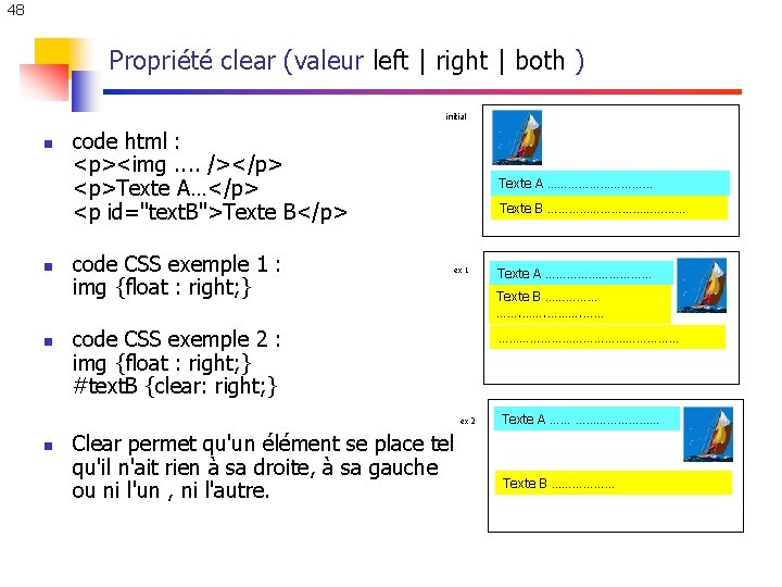 48 Propriété clear (valeur left | right | both ) initial n n n 48 Propriété clear (valeur left | right | both ) initial n n n
